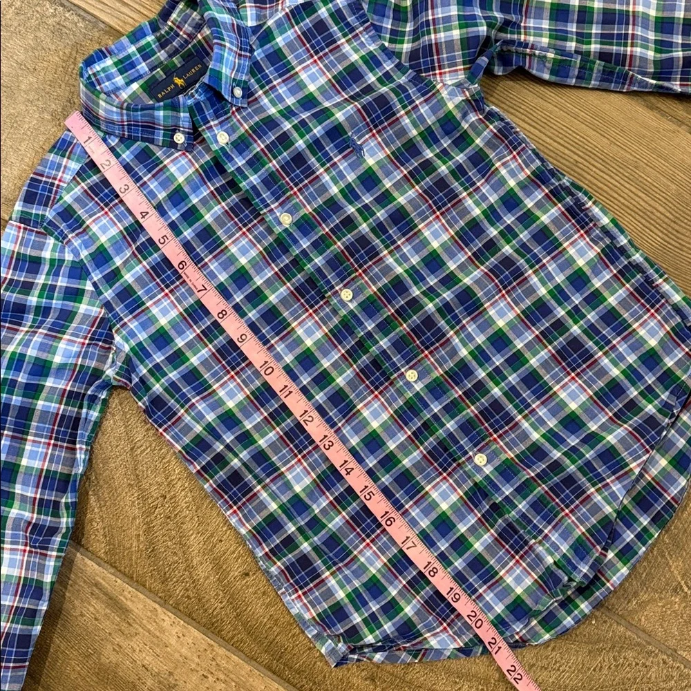 Polo Ralph Lauren Boys 7 Blue Green Plaid Cotton Long Sleeve Button Down Shirt